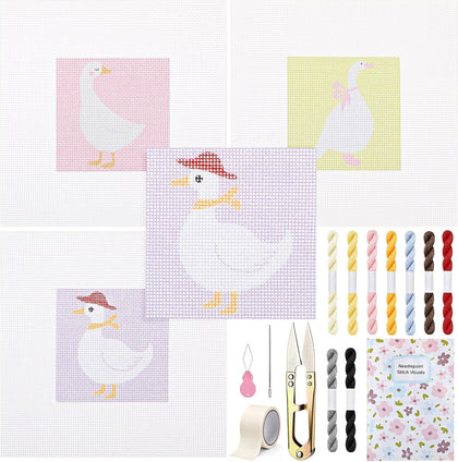 3 Pcs Goose Needlepoint Canvas Kit for Adult 13ct 8" x 8" Pre Goose Printed Canvas with Thread Needle Tape Scissor