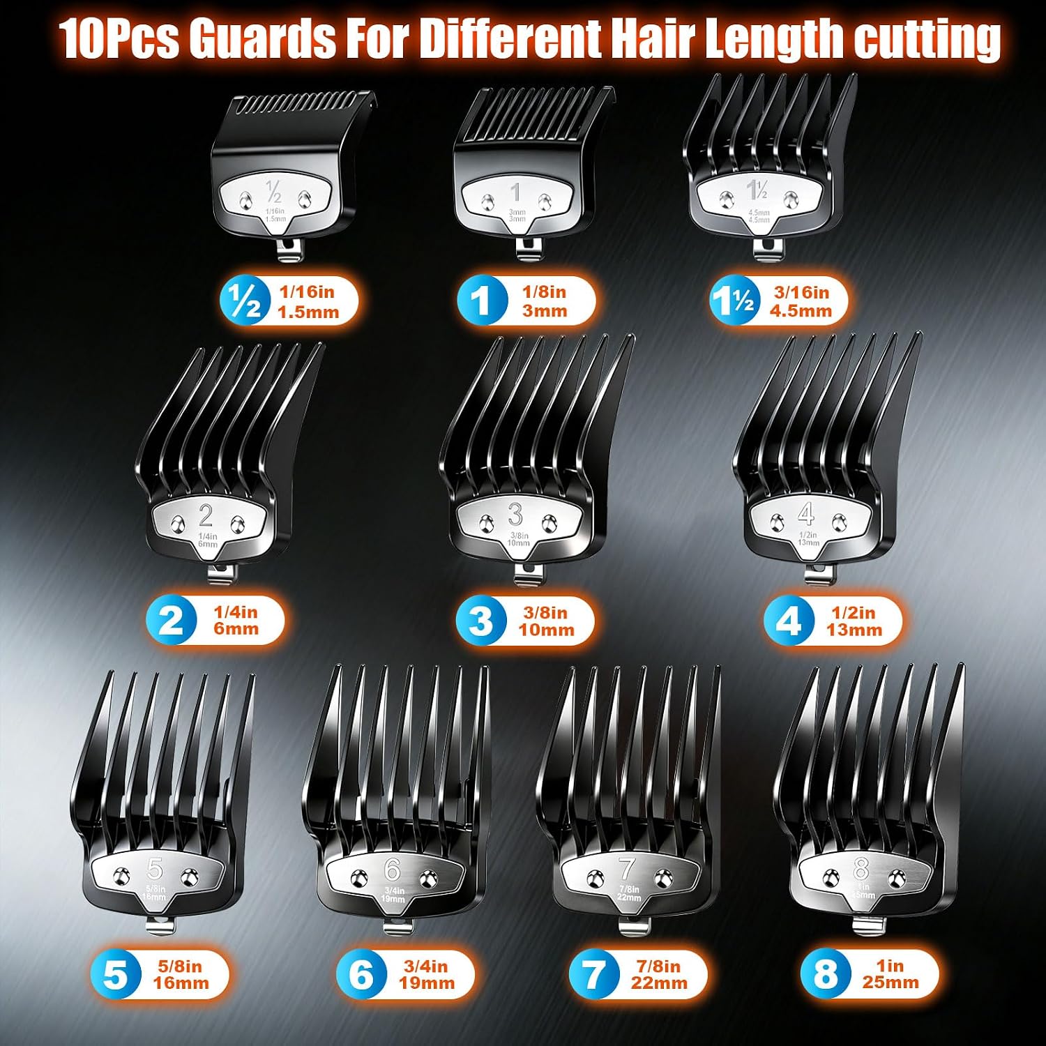 Clipper Guards Set Compatible with Most Wahl Clipper, Black, 10 pcs | Replacement Cutting Guides, 1/16" to 1", 10