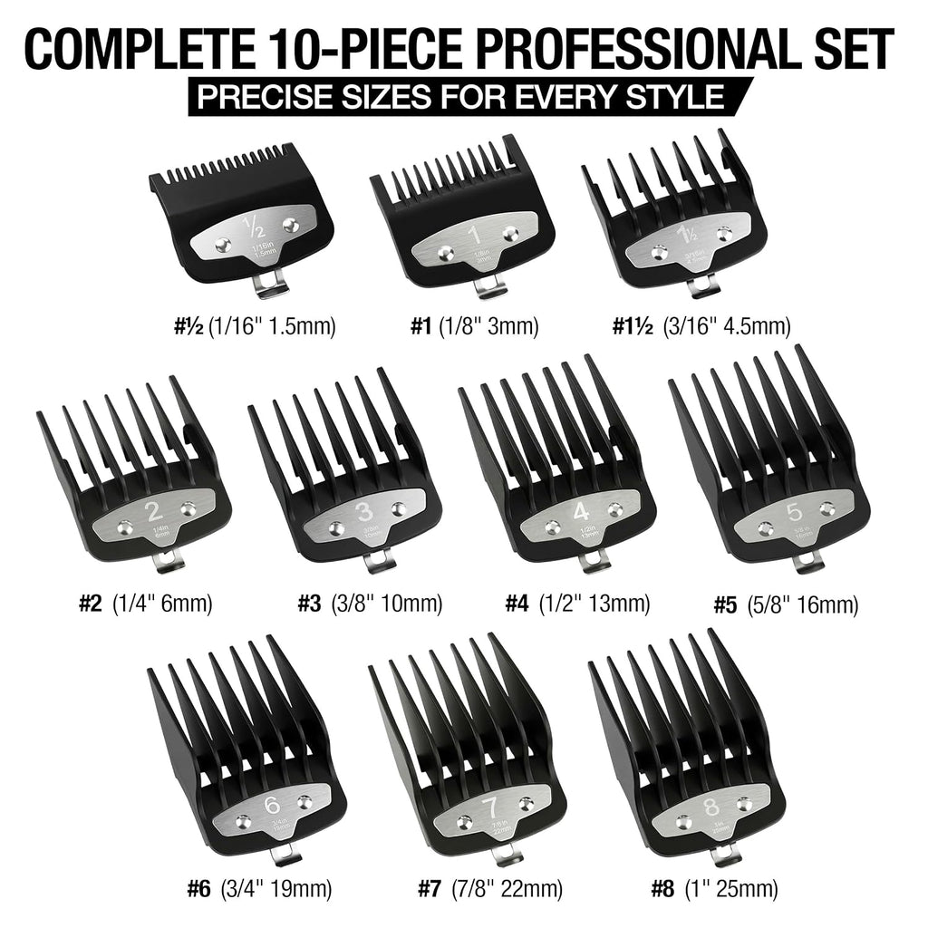 10-Piece Premium Clipper Guards Set, Upgraded Metal Clip Cutting Guides Compatible with Wahl Hair Clippers, 1/16" to