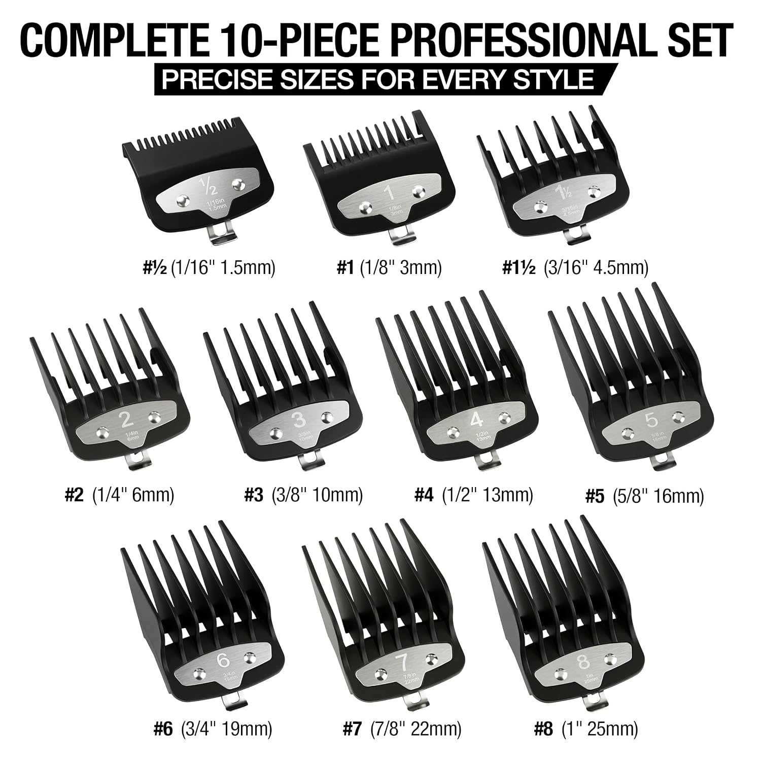 10-Piece Premium Clipper Guards Set, Upgraded Metal Clip Cutting Guides Compatible with Wahl Hair Clippers, 1/16" to