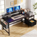 56.5" Black Computer Desk with File Drawers and Printer Space,Office Desk with Power Outlets and Monitor Stand,Gaming