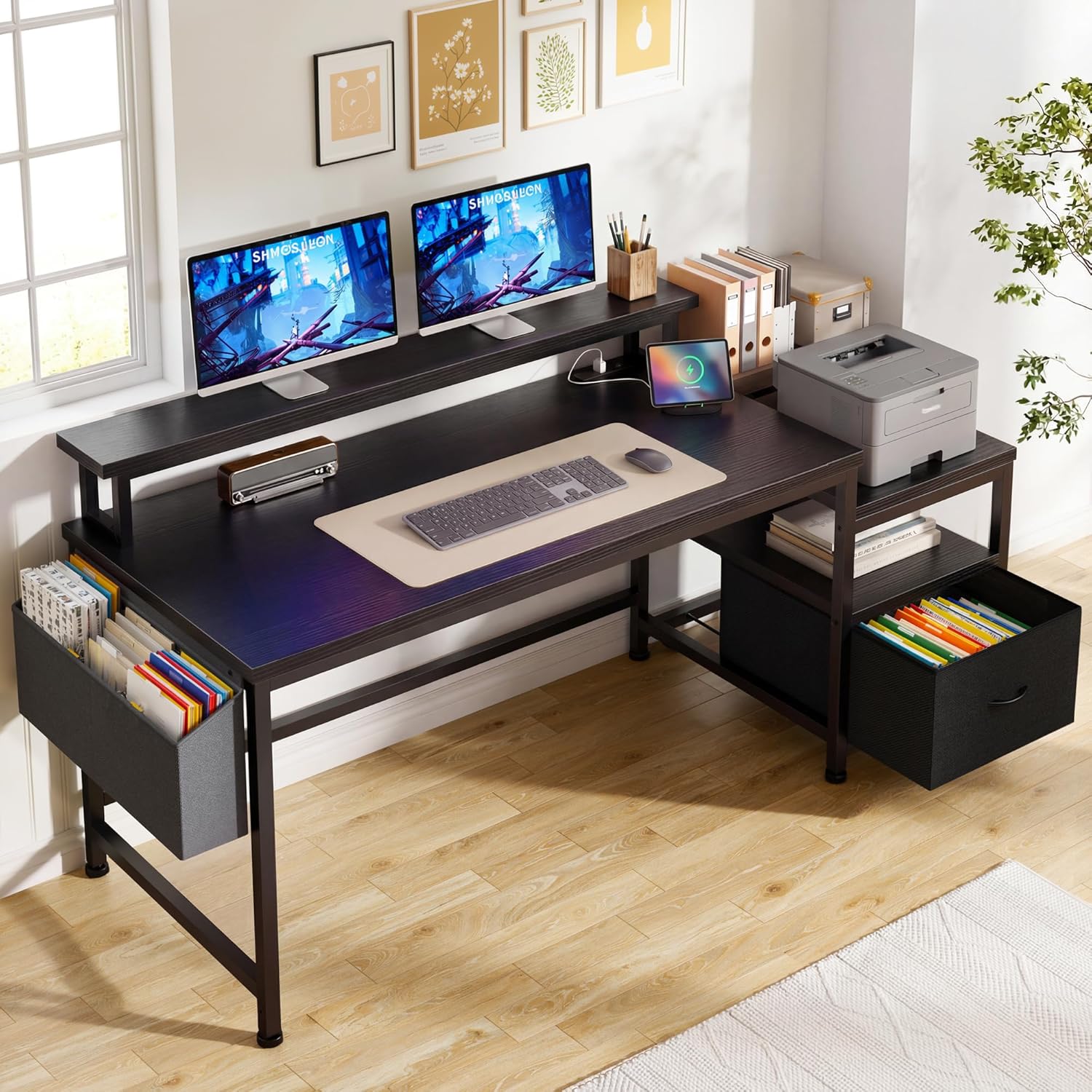 56.5" Black Computer Desk with File Drawers and Printer Space,Office Desk with Power Outlets and Monitor Stand,Gaming