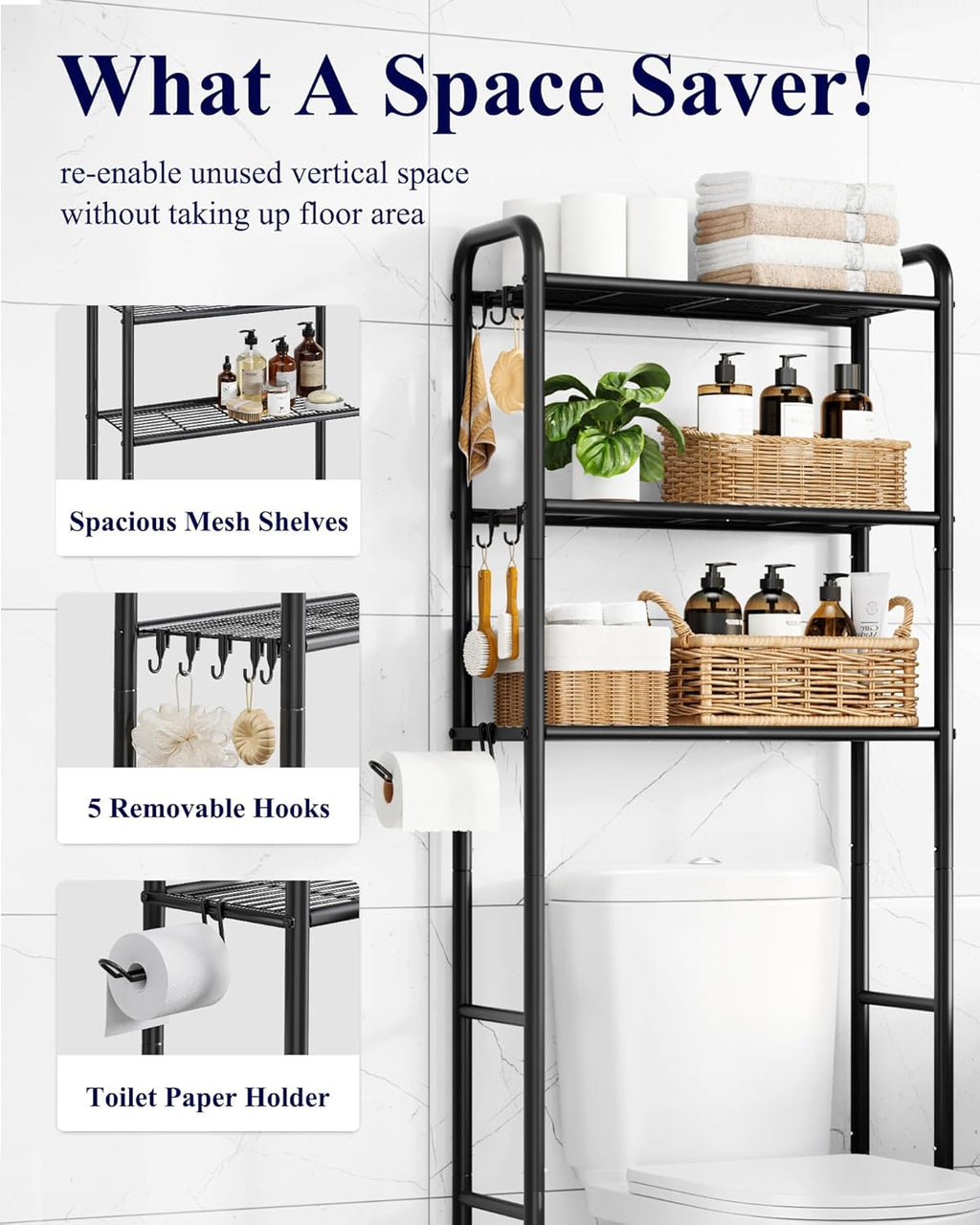 Over Toilet Storage Rack, 63.2" H Space-Saving, Holder & Hooks | Bathroom, Laundry Room, Small Spaces, Families