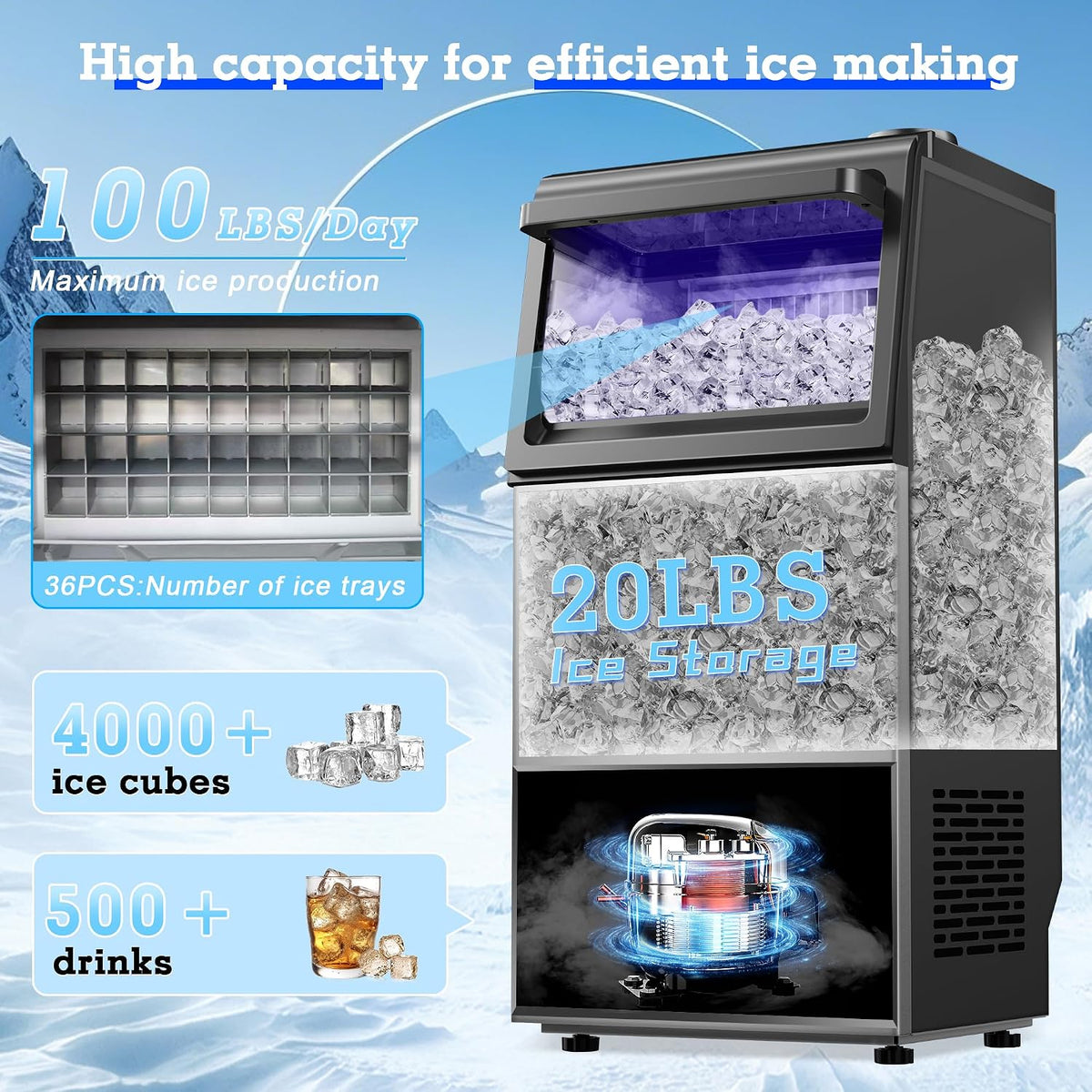 Commercial Ice Maker Machine 100LB/24H with 2 Water Inlet Modes