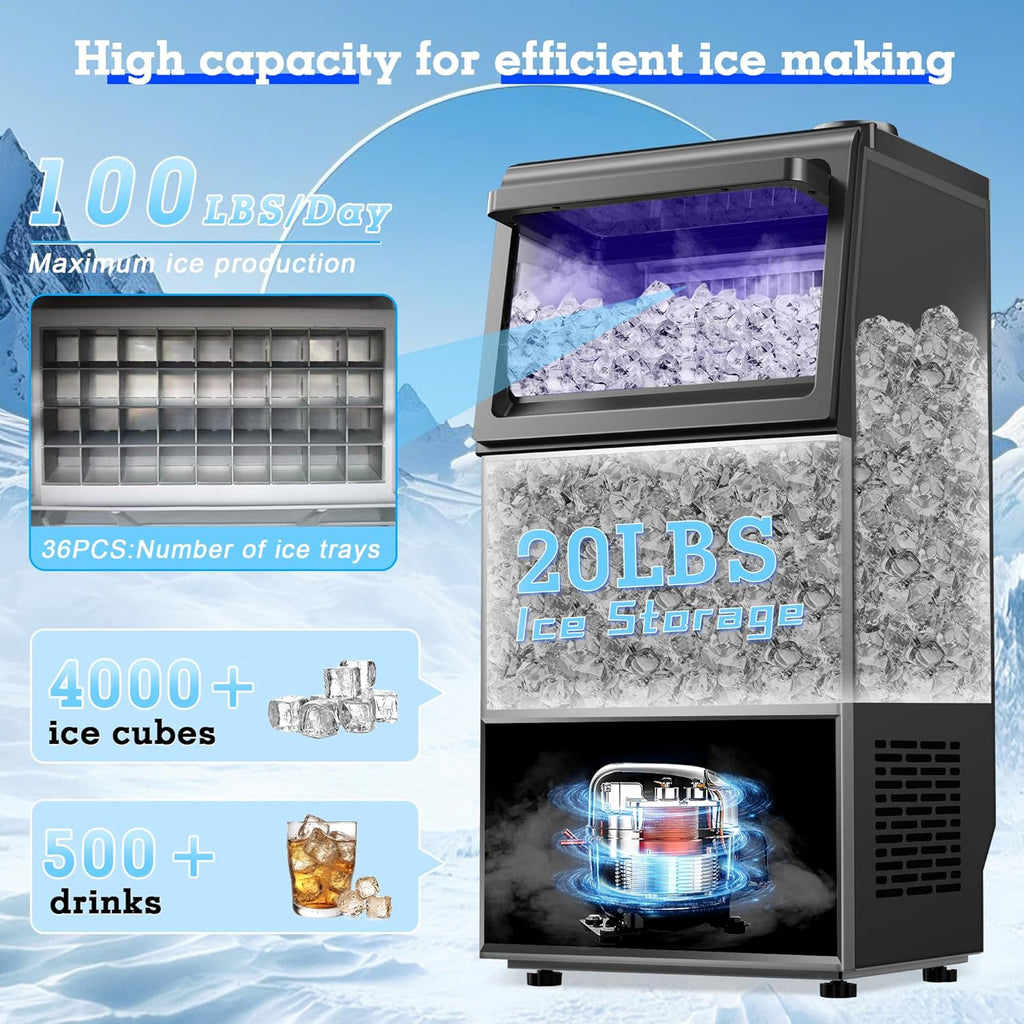 Commercial Ice Maker 2 Water Inlet Modes with 100LB/24H