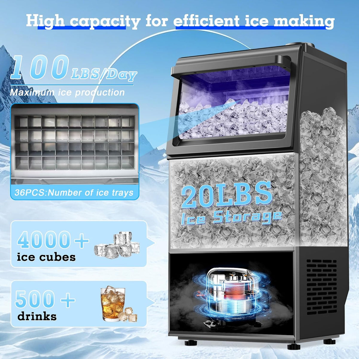 Commercial Ice Maker 2 Water Inlet Modes with 100LB/24H