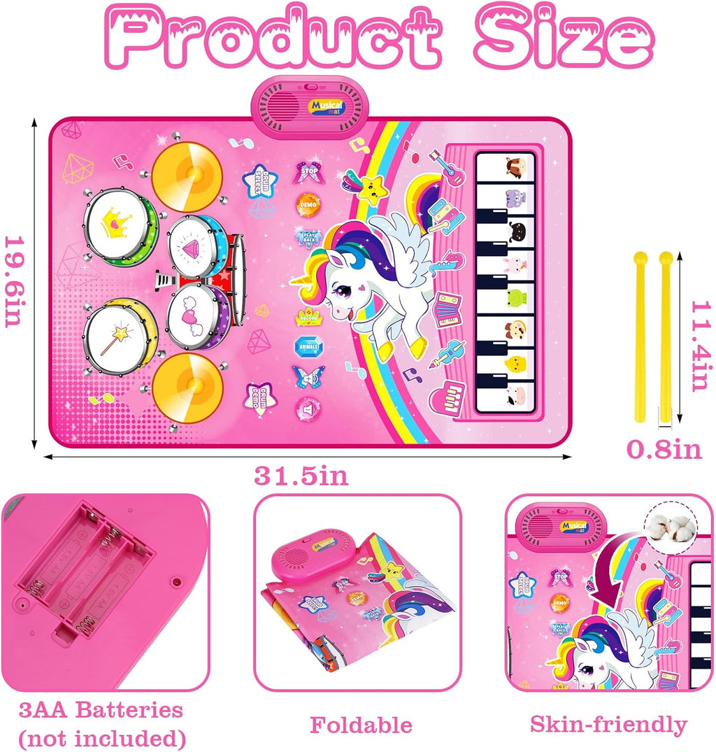 Toys for 1 Year Old Girl Gifts: 3 in 1 Baby Music Mat Toddler Toys Age 1-2 | Piano Drum Animal Touch Unicorn Toy