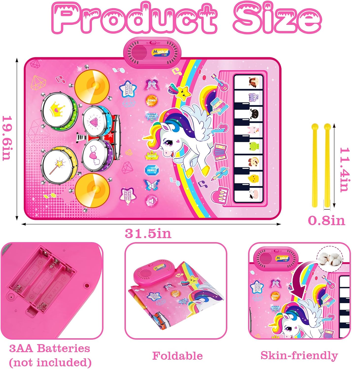 Toys for 1 Year Old Girl Gifts: 3 in 1 Baby Music Mat Toddler Toys Age 1-2 | Piano Drum Animal Touch Unicorn Toy