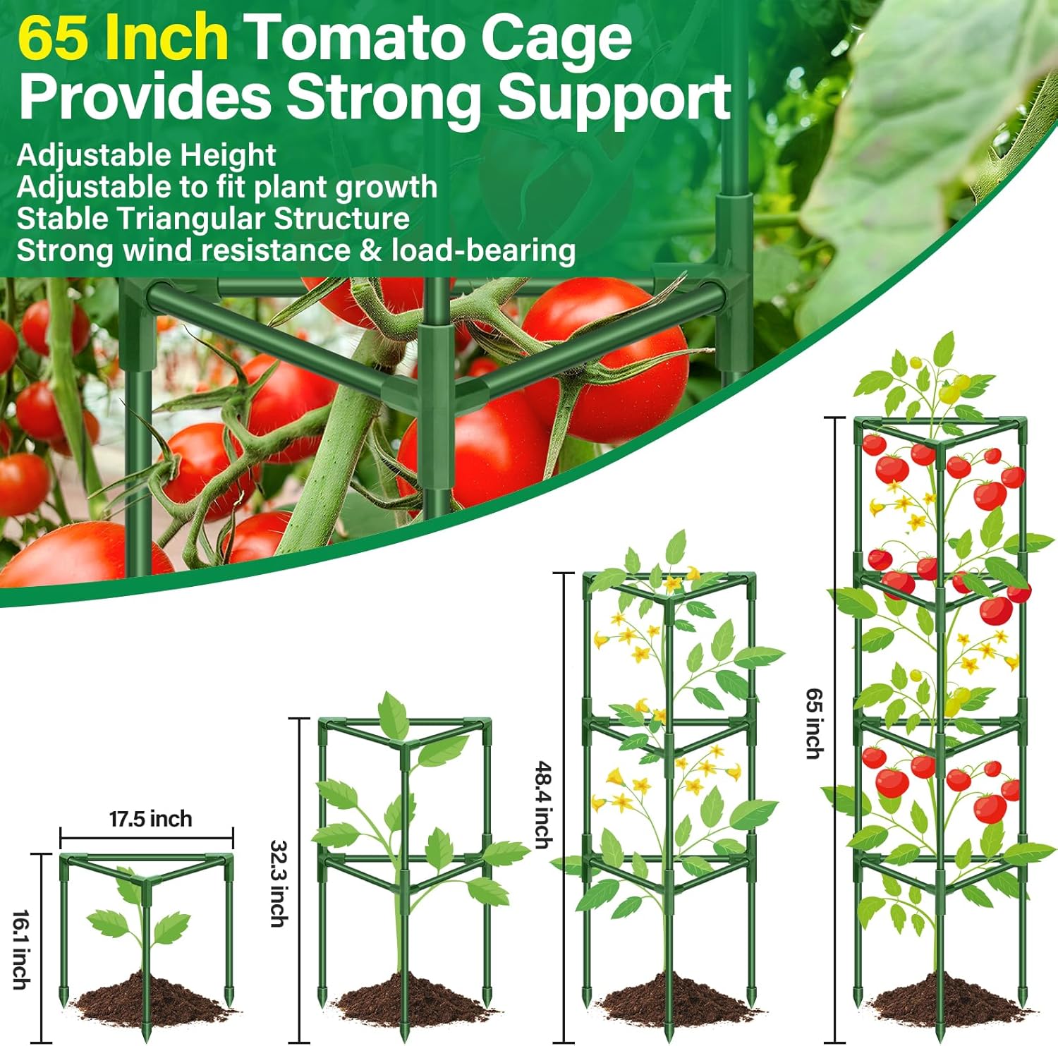 2 Pack 65 Inch Tomato Cage for Garden, Heavy-Duty Tomato Trellis Plant Support Stakes, Adjustable Garden Trellis
