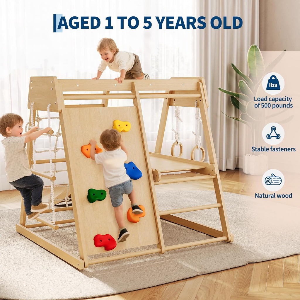 6-in-1 Indoor Playground Jungle Gym Kids Climbing Toys, Wooden Climber Playset with Slide, Climbing Rock, Monkey