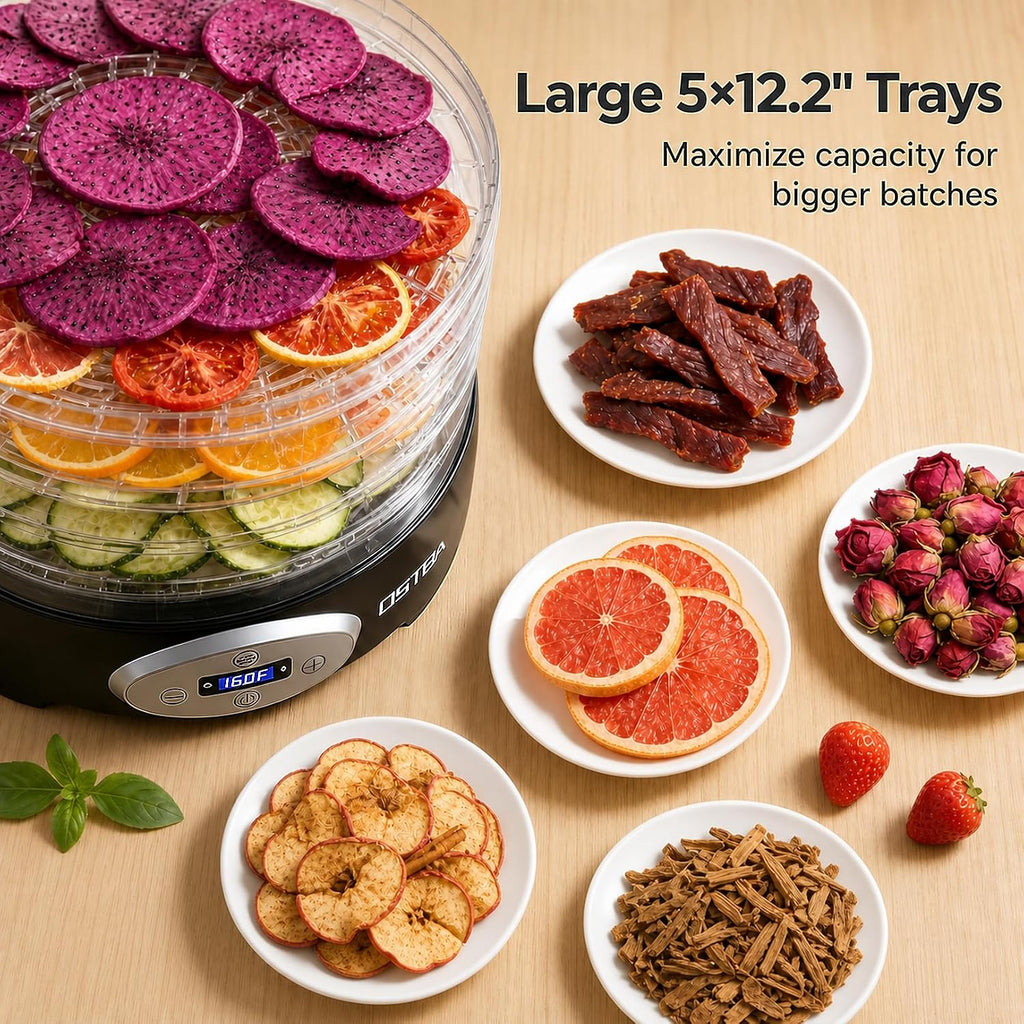Food Dehydrator, 5 BPA-Free Trays, Adjustable Temp, 48H Timer, 420W