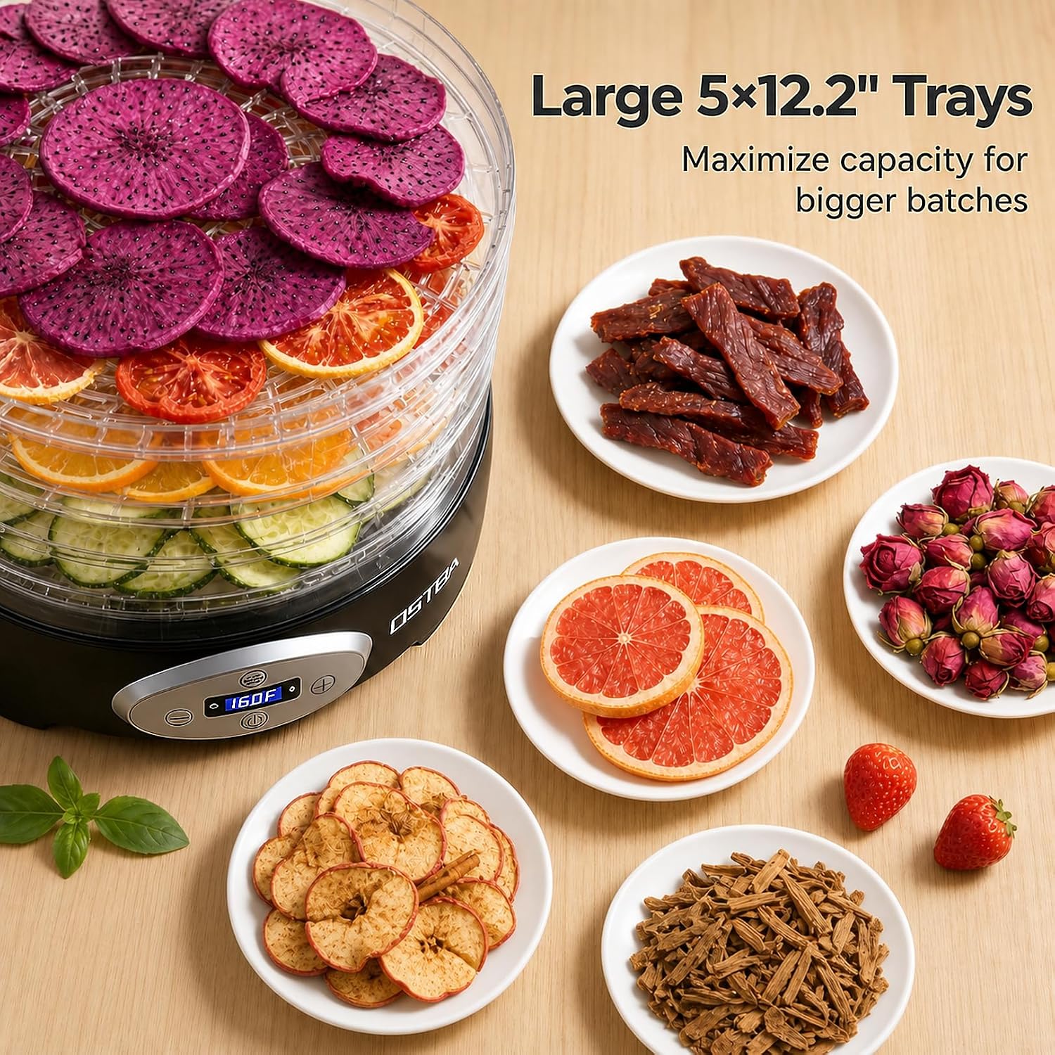 Food Dehydrator, 5 BPA-Free Trays, Adjustable Temp, 48H Timer, 420W