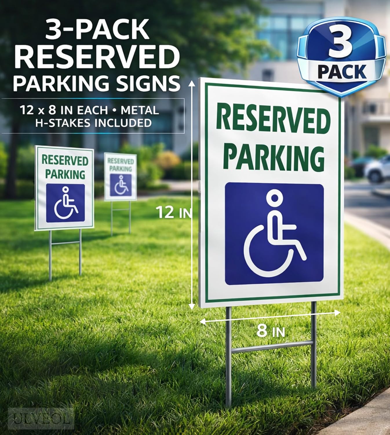 Pack of 3 Reserved Parking Double Sided Sign 12x8 inch with Metal H-Shaped Stakes - Handicap Parking Signs with