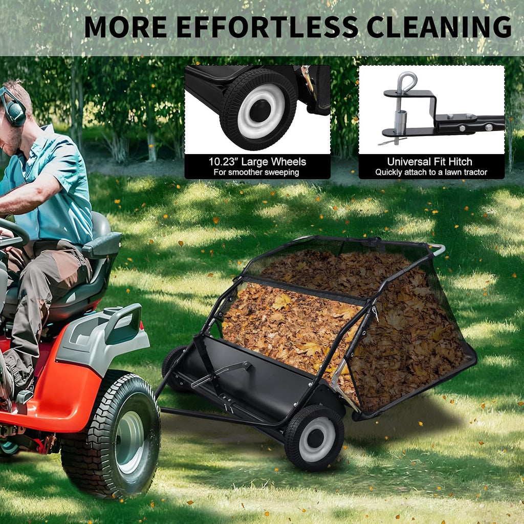 Pull Behind Lawn Sweeper with Dumping Rope, 44” Tow Behind Leaf Collector, Adjustable Height Yard Sweeper with Large