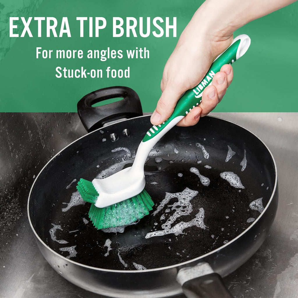 Libman Dish Brush Set with Long Handle - Deep Cleaning Brushes - Dish Scrubber & Scraper - Kitchen Scrub Brush for