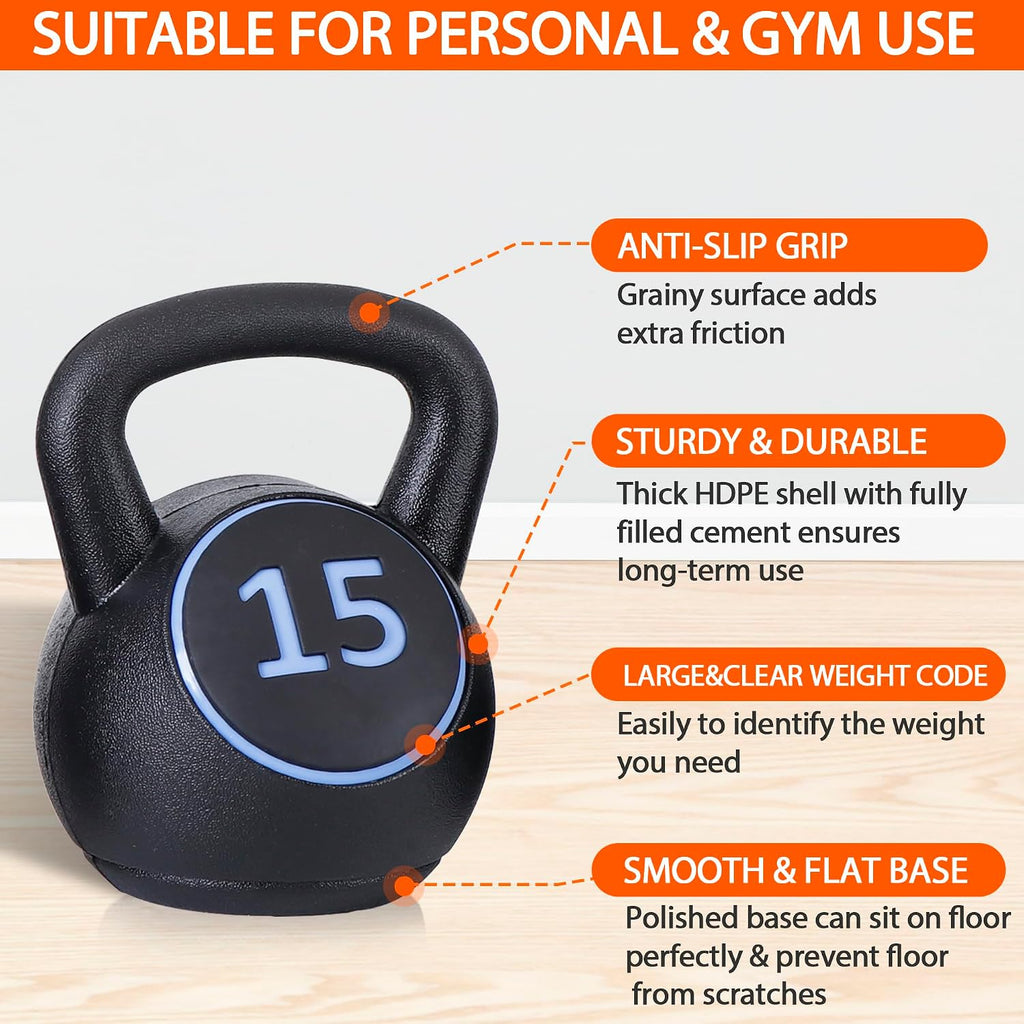 Kettlebell Sets 4 Piece Strength Training KettleBells Weight Set 5lb, 10lb, 15lb, 20lb HDPE Coated Concrete Kettle