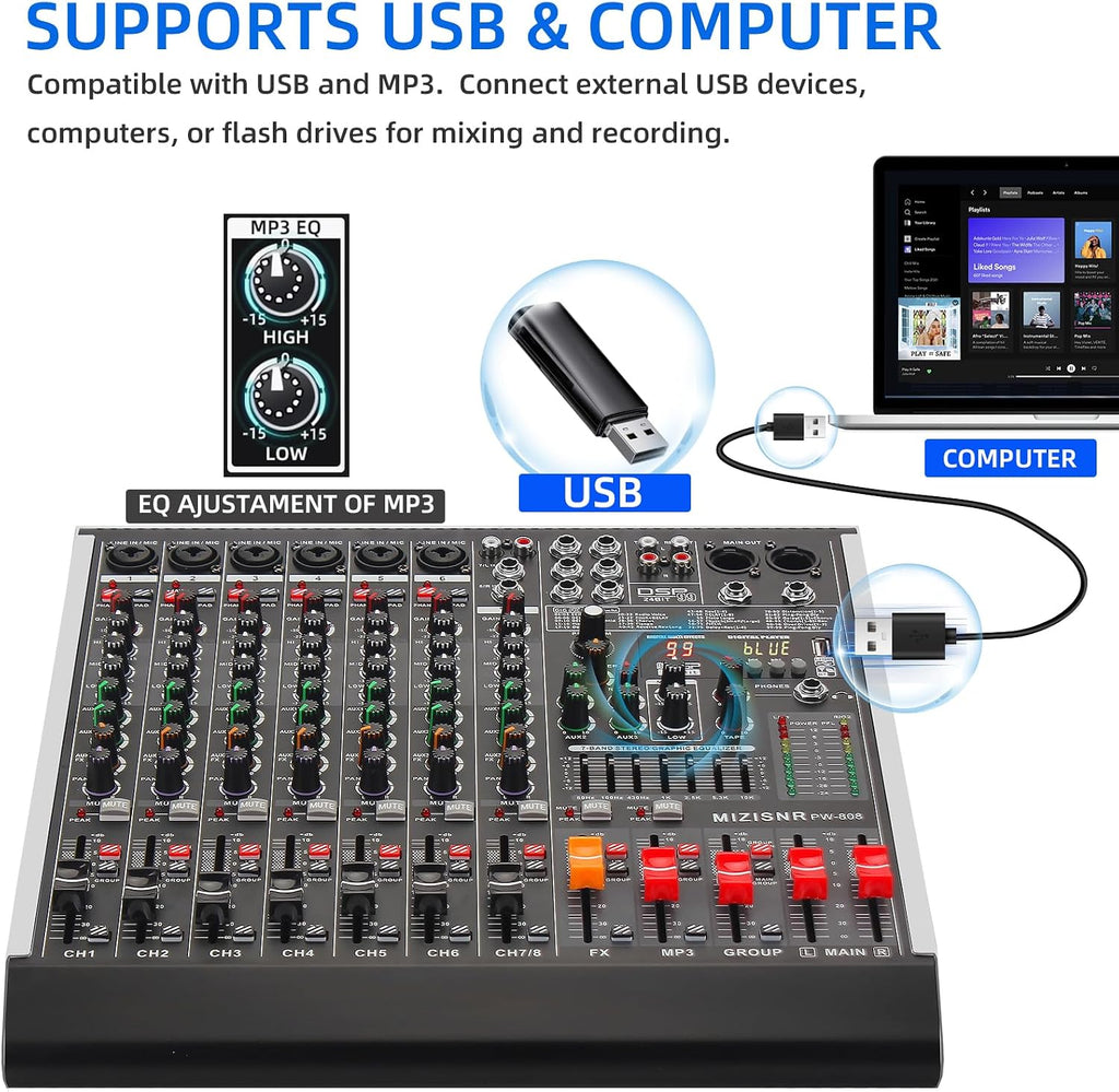 8 Channel Audio Mixer Professional Sound Mixing Board with 99 DSP Effects, 7-band EQ Digital DJ Mixer Console w/USB