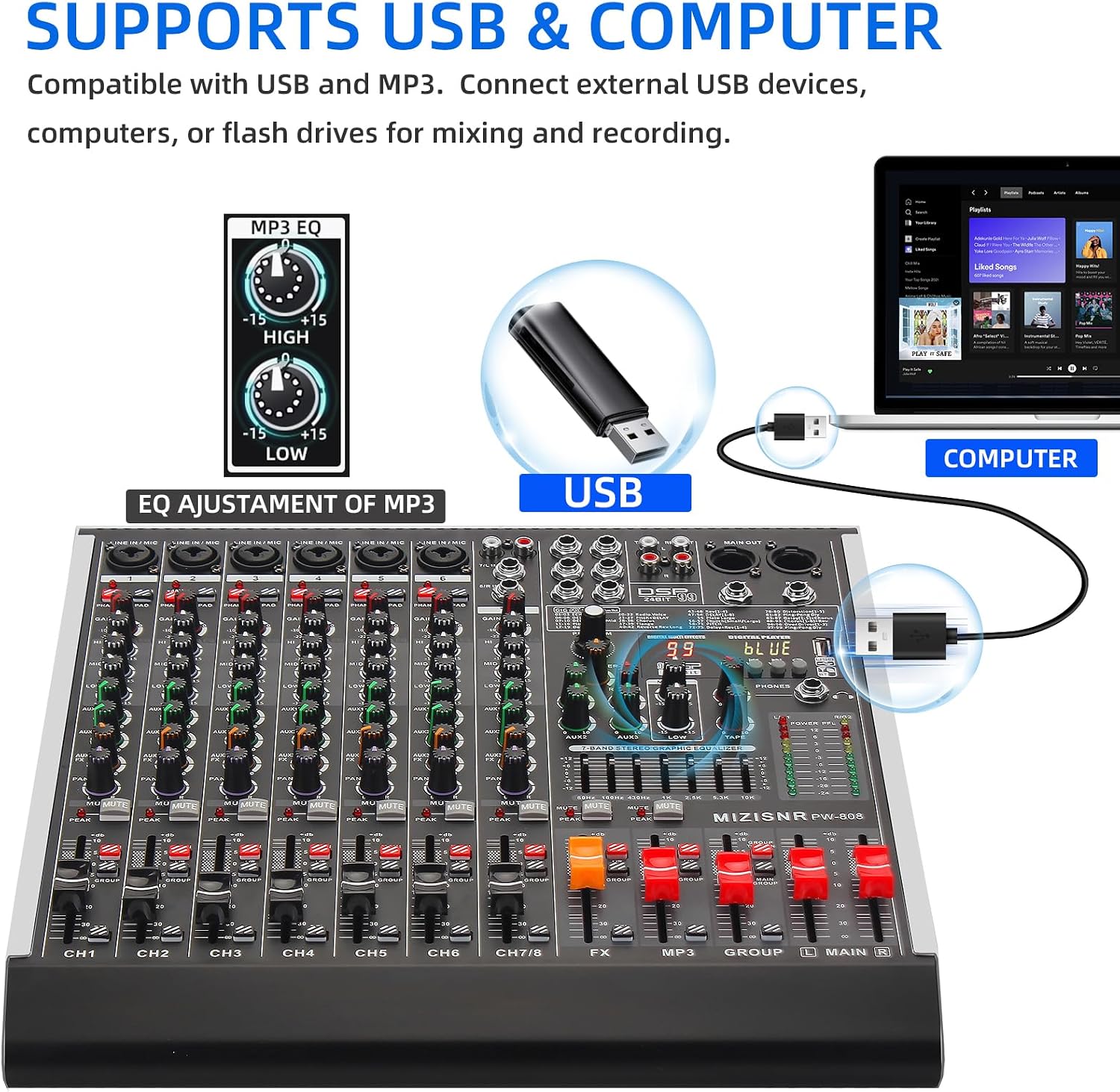 8 Channel Audio Mixer Professional Sound Mixing Board with 99 DSP Effects, 7-band EQ Digital DJ Mixer Console w/USB