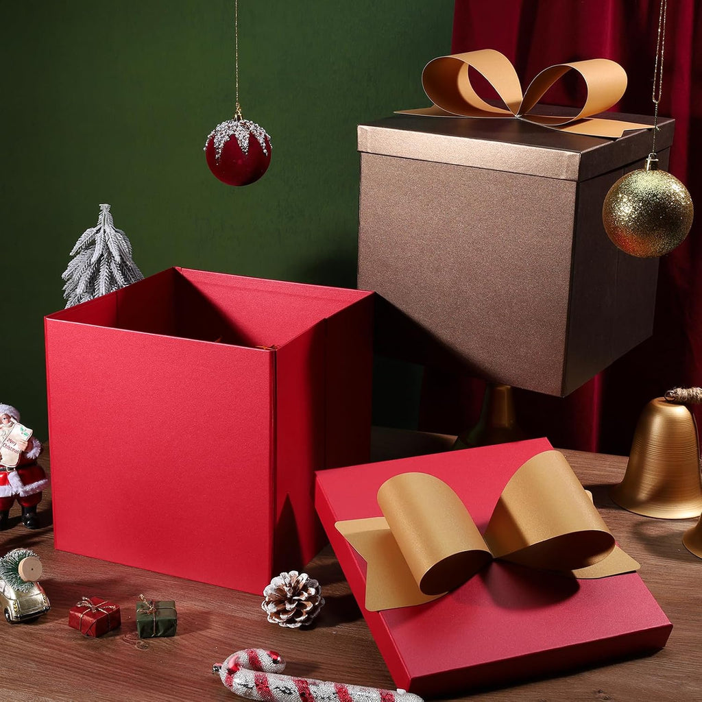 Large Brown Gift Boxes with Lids, 10x10x10 Inch Foldable Design