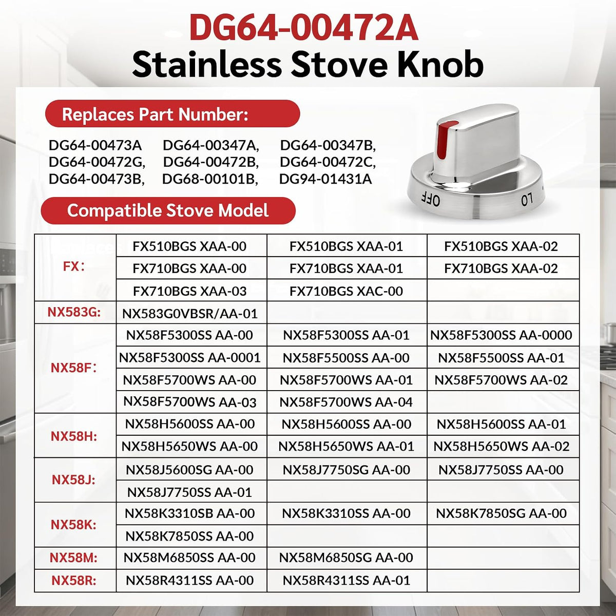 DG64-00472A Stove Knob Replacement Fit for Samsung, Stainless Steel Stove Knob Oven Knob Fit for Samsung, Replaces DG64-00473A DG64-00347A, Replacement Oven FX710BGS FX510BGS NX58F5500SS(5 Pack)