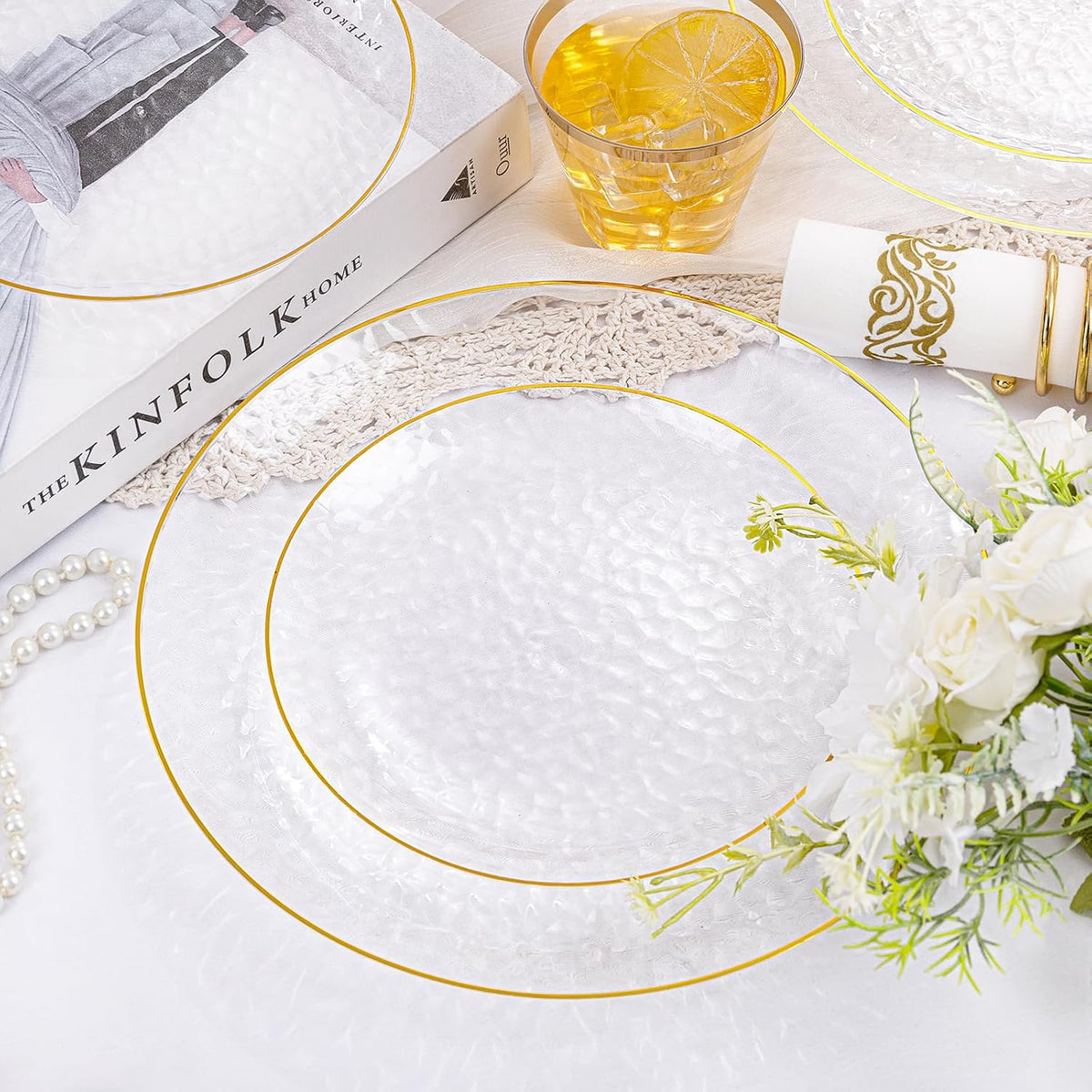 175 Pcs Plastic Dinnerware Set (25 Guests), Clear And Gold Plastic Plates, Hammered Party Plates Include Dinner