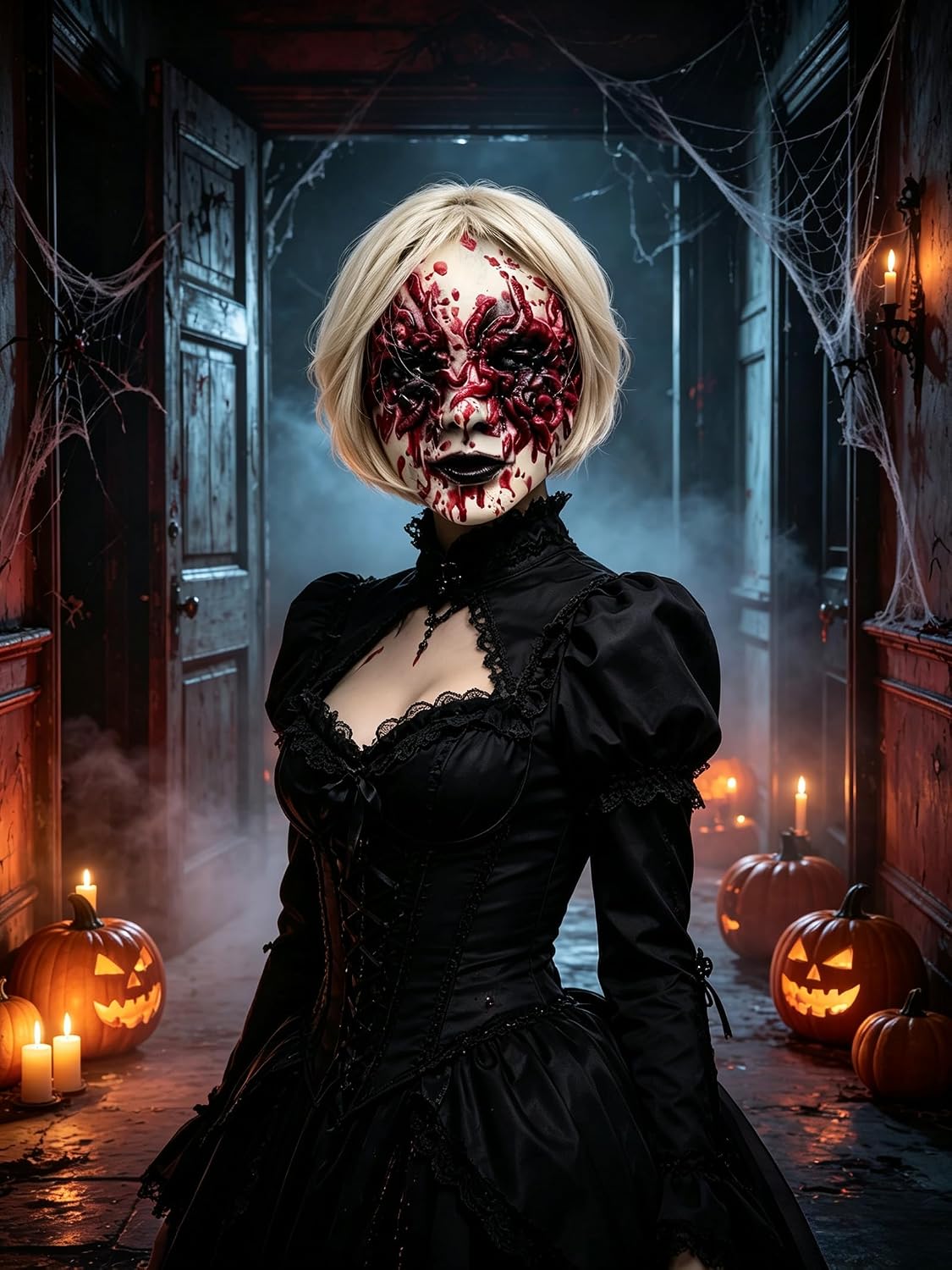 Halloween Scary Demon Mask Bloody Sucking Worm Face Mask with White Wig | Raised Worm Details, Blood Spatter Effect