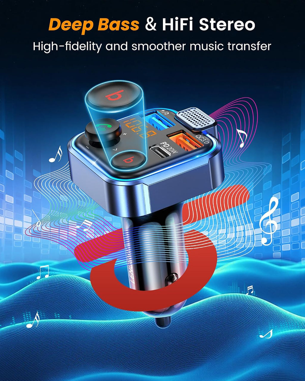 FM Transmitter in-Car Adapter, Wireless Bluetooth 5.3 Radio Car Kit | Type-C PD 20W+ QC3.0 Fast USB Charger