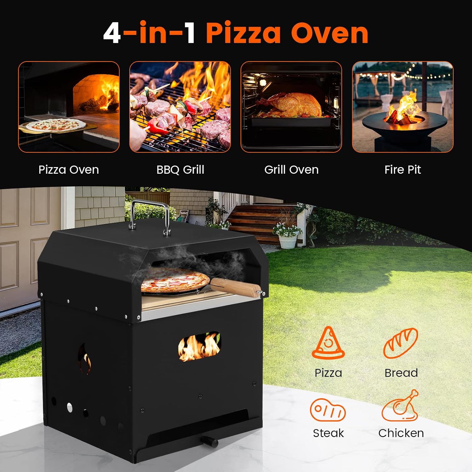 Pizza Oven Outdoor, 4-in-1 Wood Fired Pizza Oven and Grill Combo W/ 12" Pizza Stone, Pizza Peel, Water-Proof Cover &