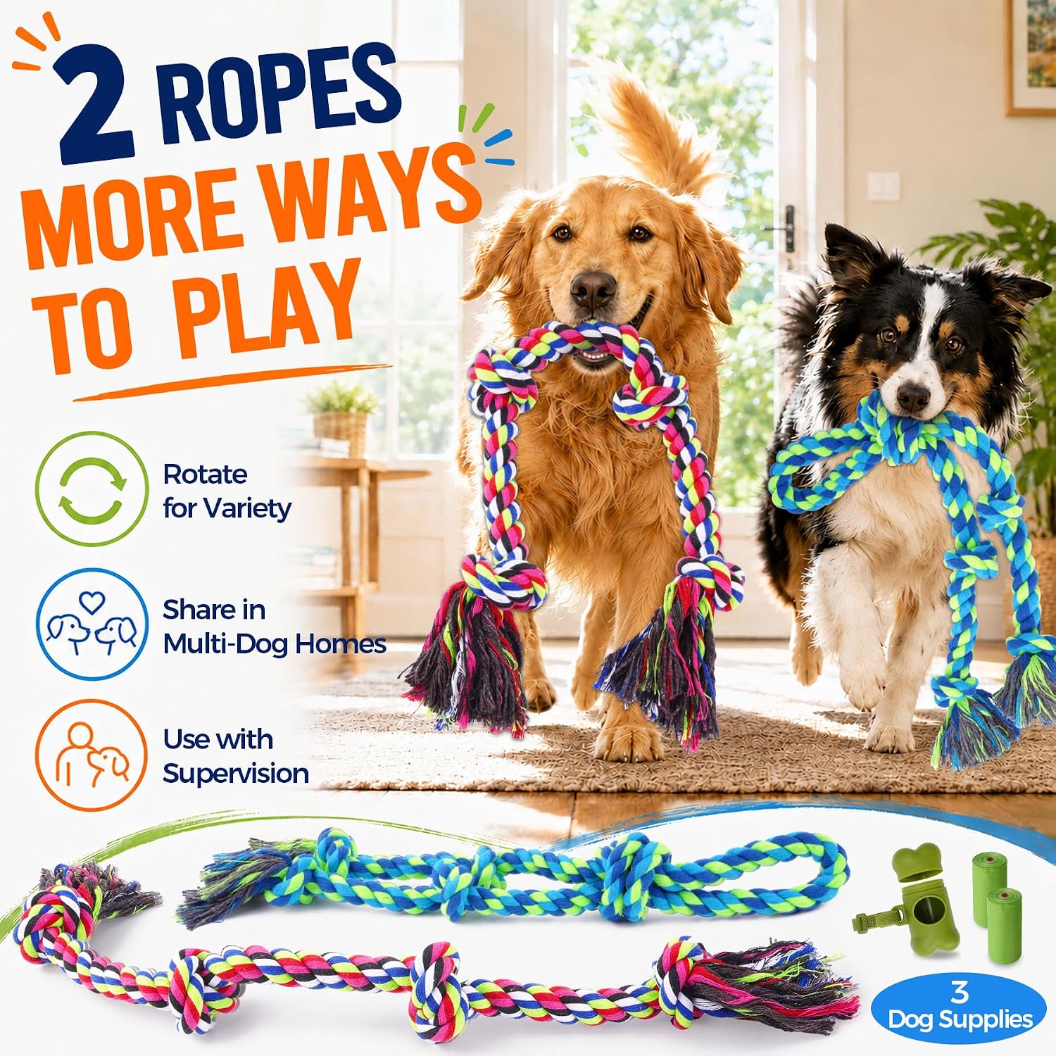 Tough Dog Rope Toys for Aggressive Chewers, Tough Tug of War Dog Toys for Large, Medium & Small Dogs – 5 Pack