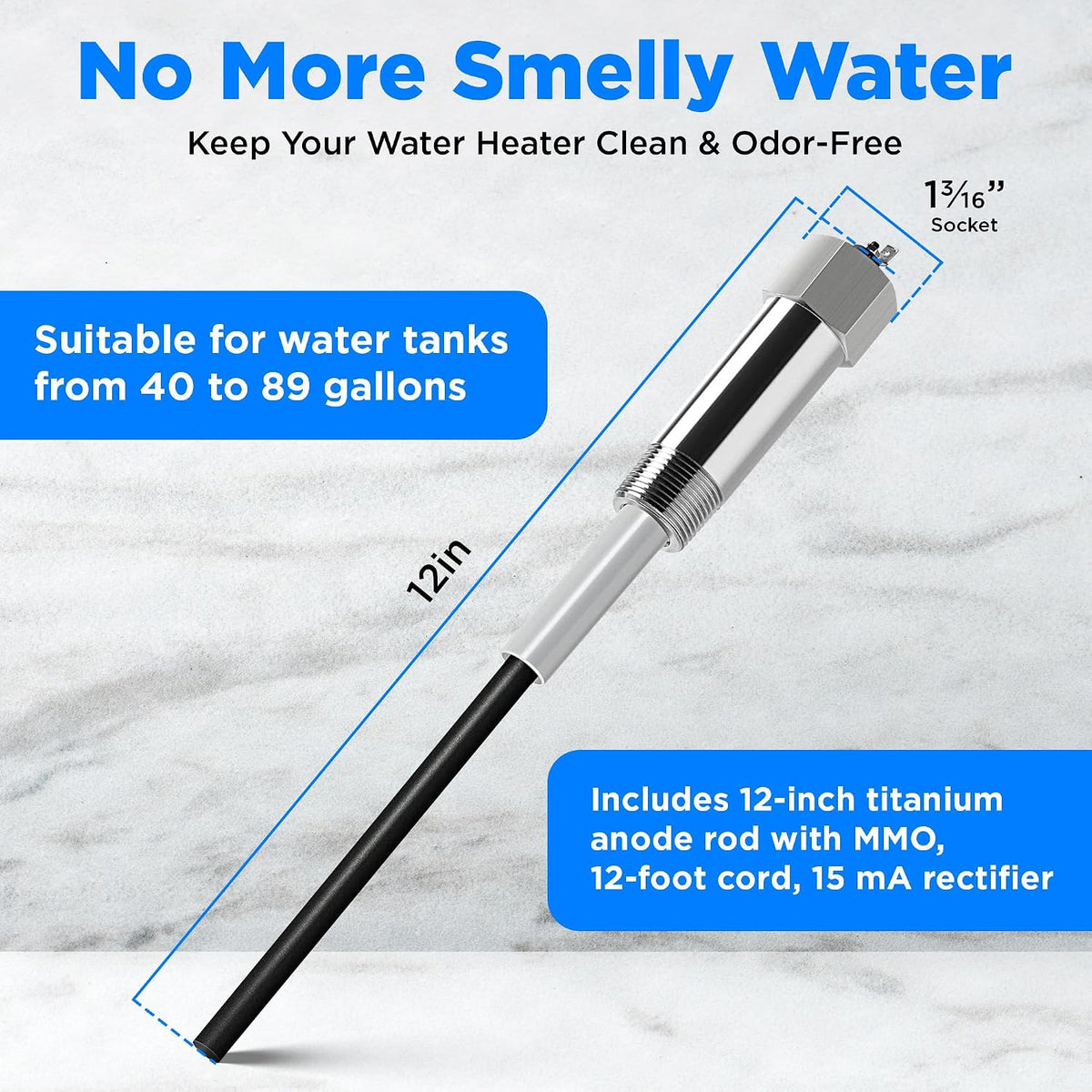 Powered Anode Rod for Water Heater, Electric Anode Rod for Water Heater, Eliminate Sulfur Smell in Well Water, Eliminate Rotten Egg Smell in Water, for 40-89 Gallon Except Bradford White