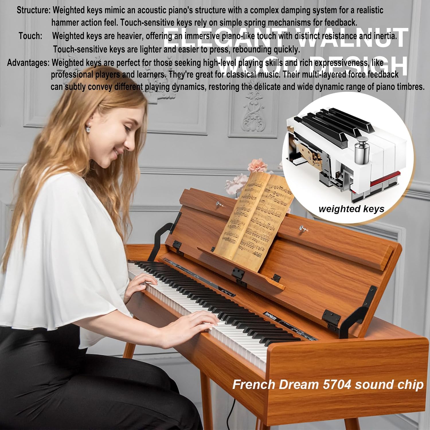 88 Key Weighted Home Digital Piano,Wooden Desk Keyboard,Triple-Pedal | Transforms Between Desk and Vanity,Progressive
