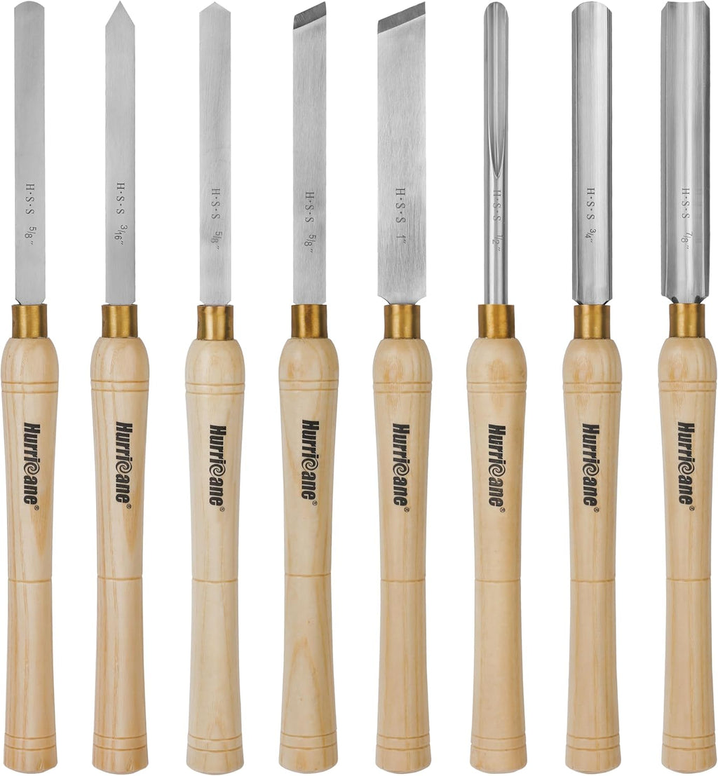 8pc Wood Lathe Chisel Set, M2 HSS Wood Turning Tools with 10" Solid Hardwood Handles, Lathe Tool Kit for Beginners