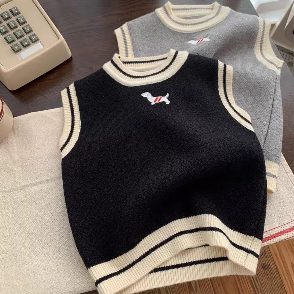 Kids Sweaters Casual Sleeveless Neck Striped Trim Knit Sweater Baggy Comfy Fashion Cute Embroidery Preppy Style