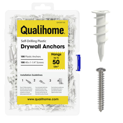 Drywall Anchors with Screws – 200 Piece Set (100 Anchors + 100#8 x 1-1/4" Screws) | Self Drilling Drywall Anchors