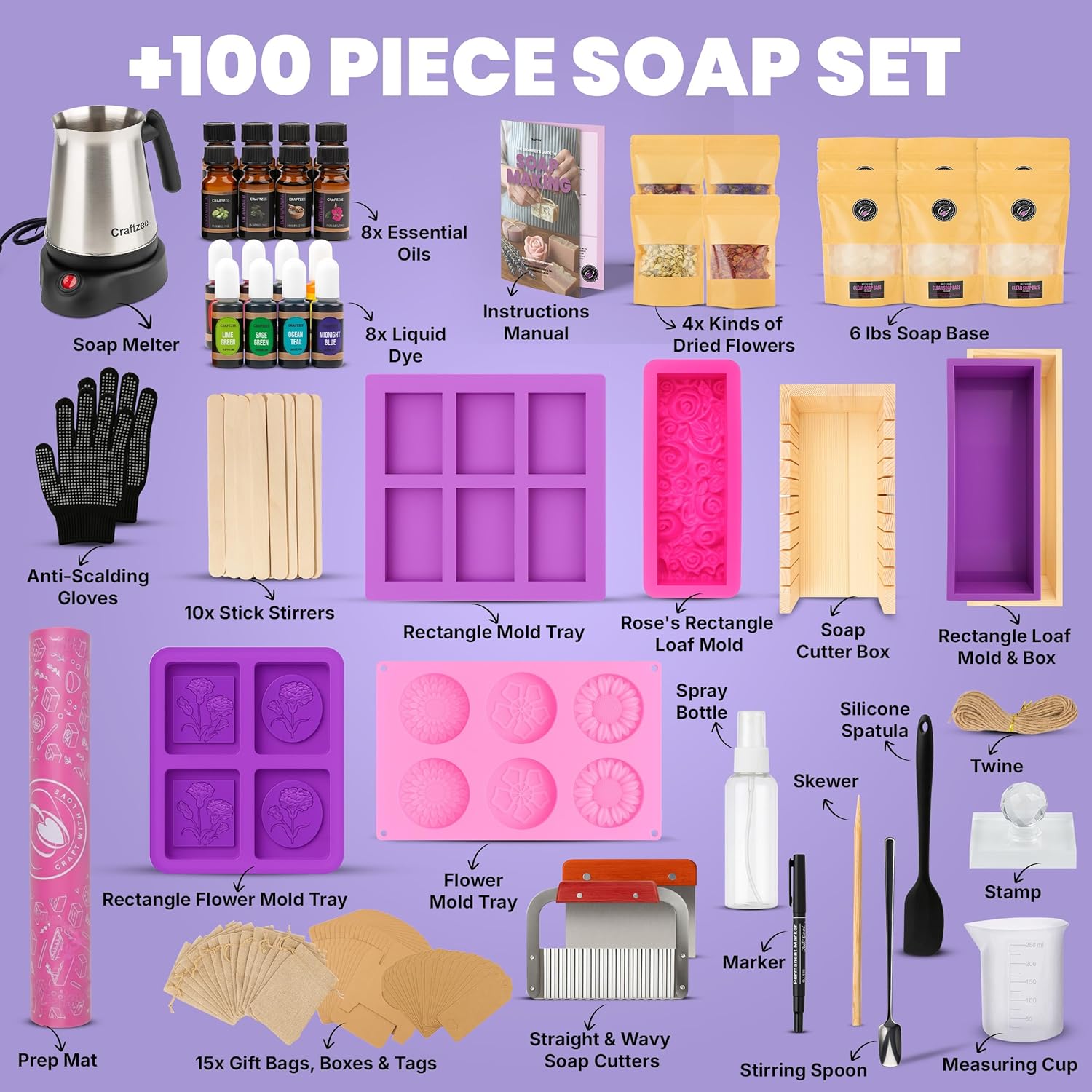 𝗦𝗨𝗣𝗘𝗥 𝗗𝗘𝗟𝗨𝗫𝗘 Soap Making Kit - All-in-One Soap Making Supplies with 6lbs Soap Base, 8 Dyes, 8 Essential Oils
