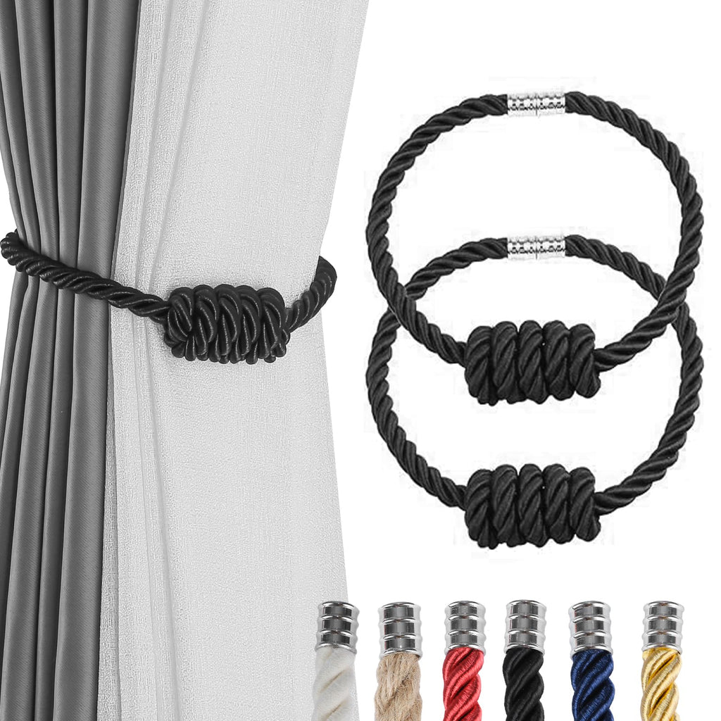 Magnetic Curtain Tiebacks-Handmade Woven Tie-Backs(Black,2P)
