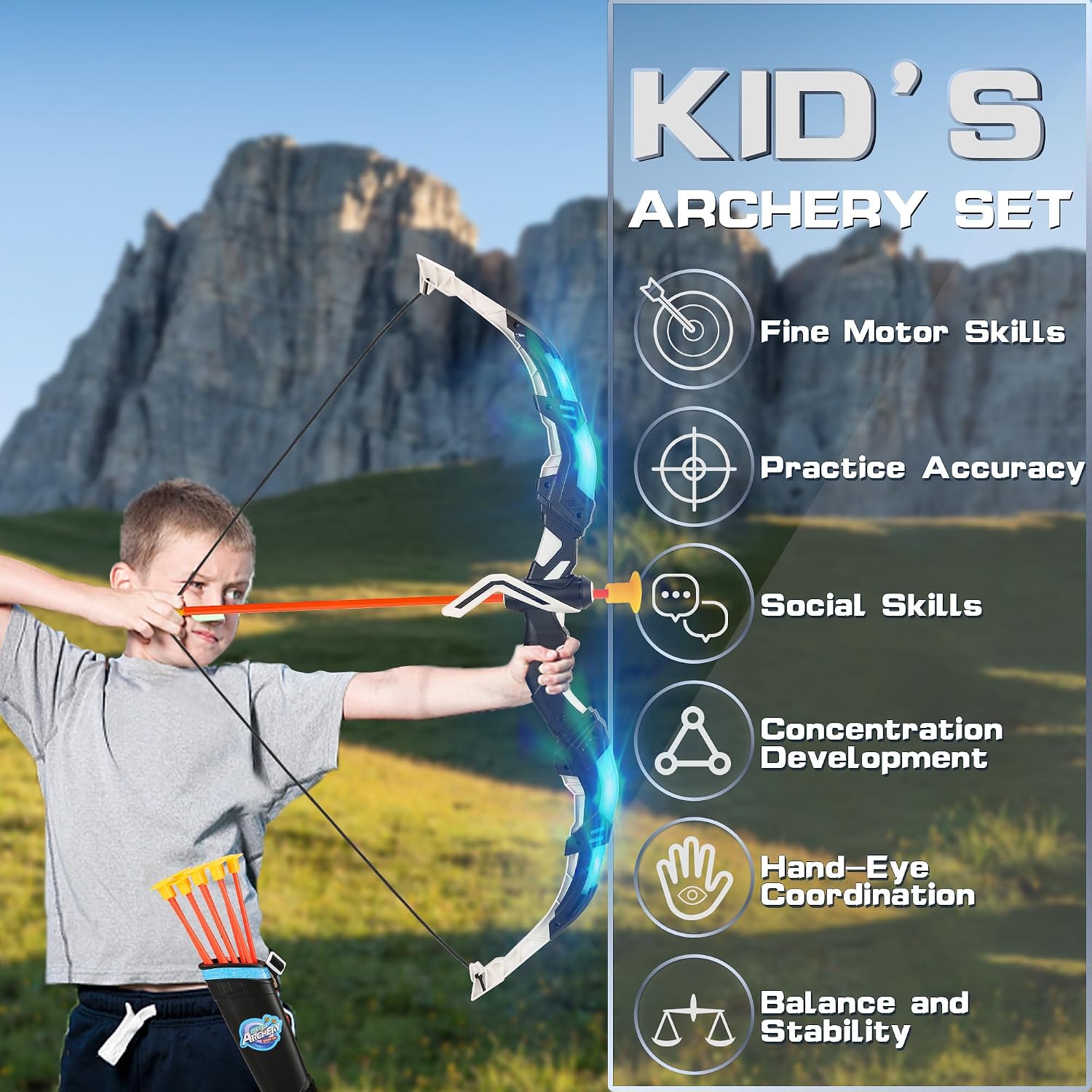 Bow and Arrow Set for Kids, 2-Pack LED Light Up Archery Set for Boys Girls | with 20 Suction Cup Arrows,Standing
