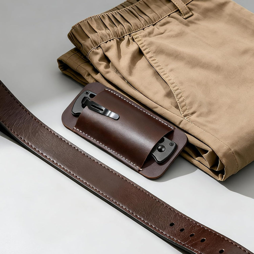 Leather Knife Sheath for Belt, Horizontal Carry Pocket Knife Holder, EDC Belt Pouch for Pocket Folding Knives, Darkbrown