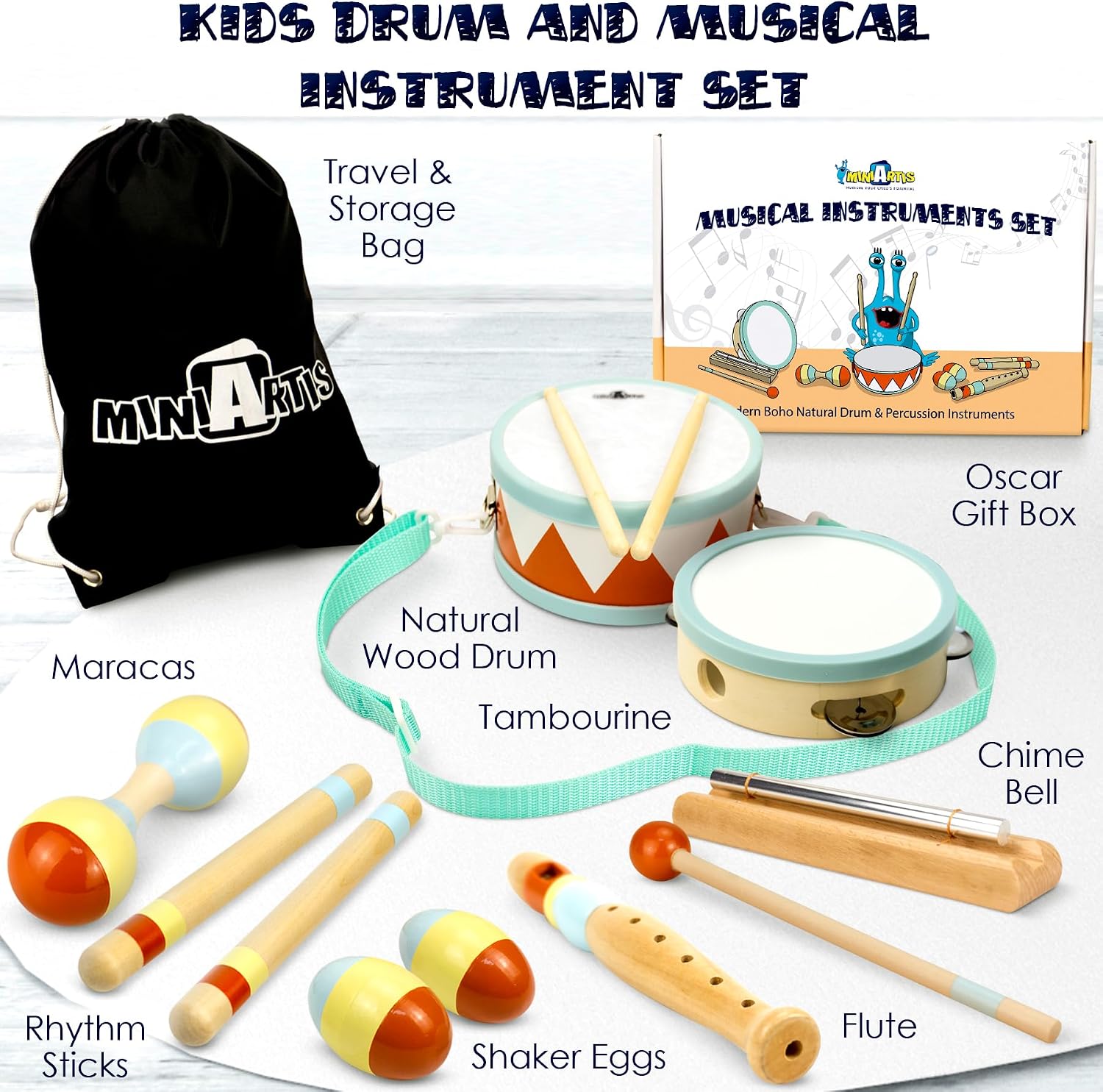 Toddler Musical Instruments - Montessori Wooden Musical Toys for Toddlers 1-3 | Modern Boho Baby Drum Set with