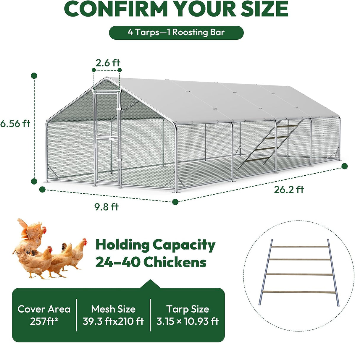 Extra Large Chicken Coop,26x10x6.6FT Metal Chicken Run for Yard with Feeding Door,Walk-in Chicken Pen,Outdoor Poultry