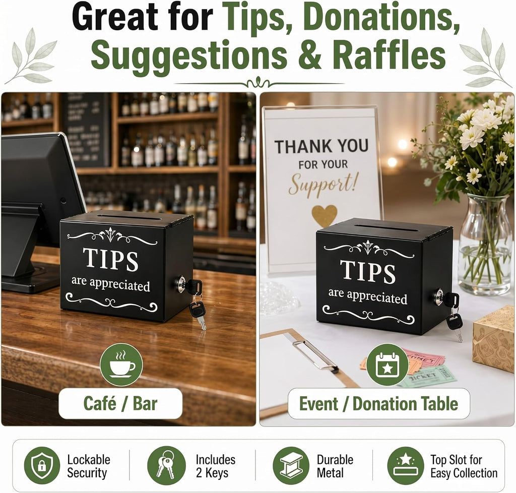 Metal Lockable Tip Jar with 2 Keys, 6 x 4 x 5 Inch Donation Box