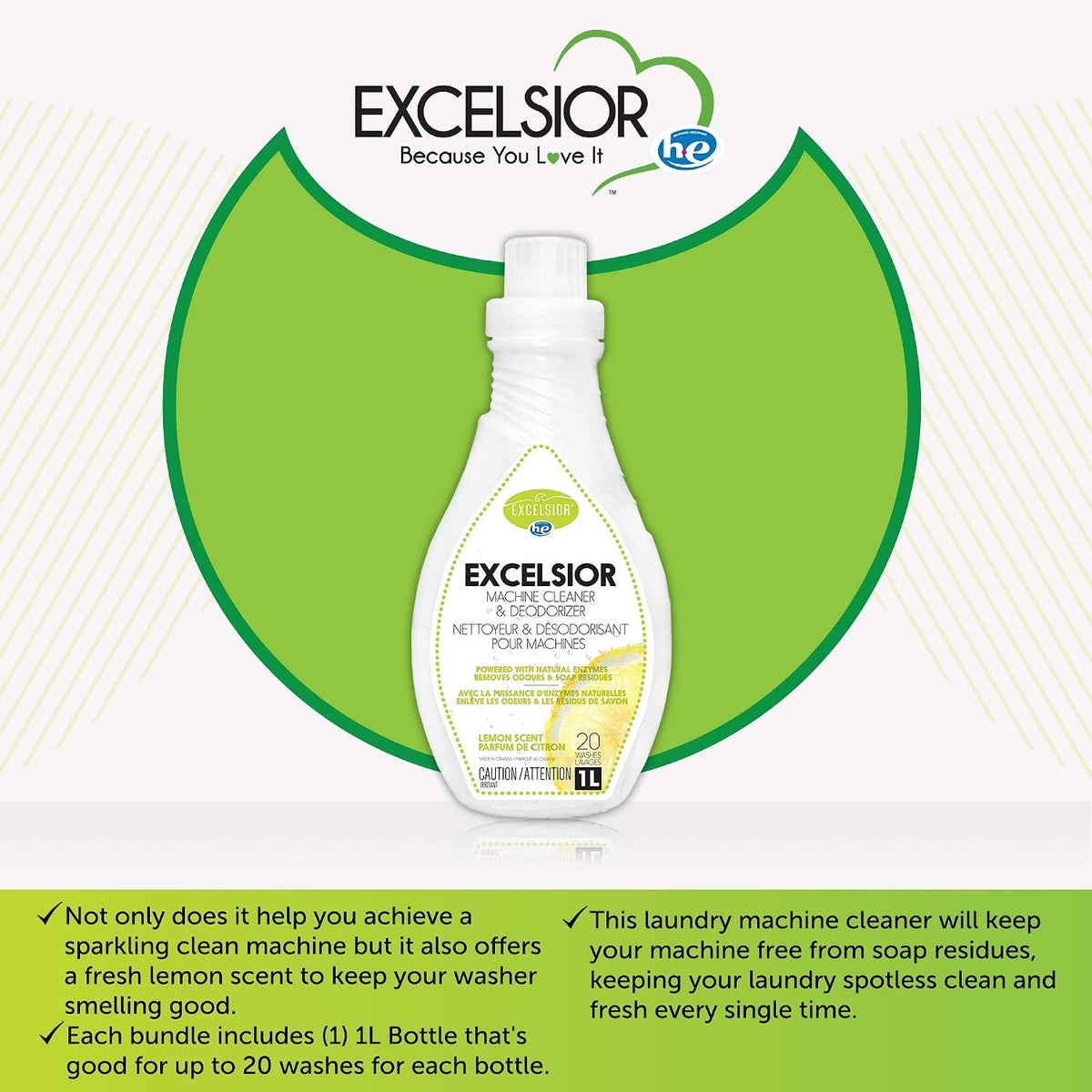 Excelsior HE Washing Machine Cleaner & Deodorizer, 20 Uses, 1 Liter