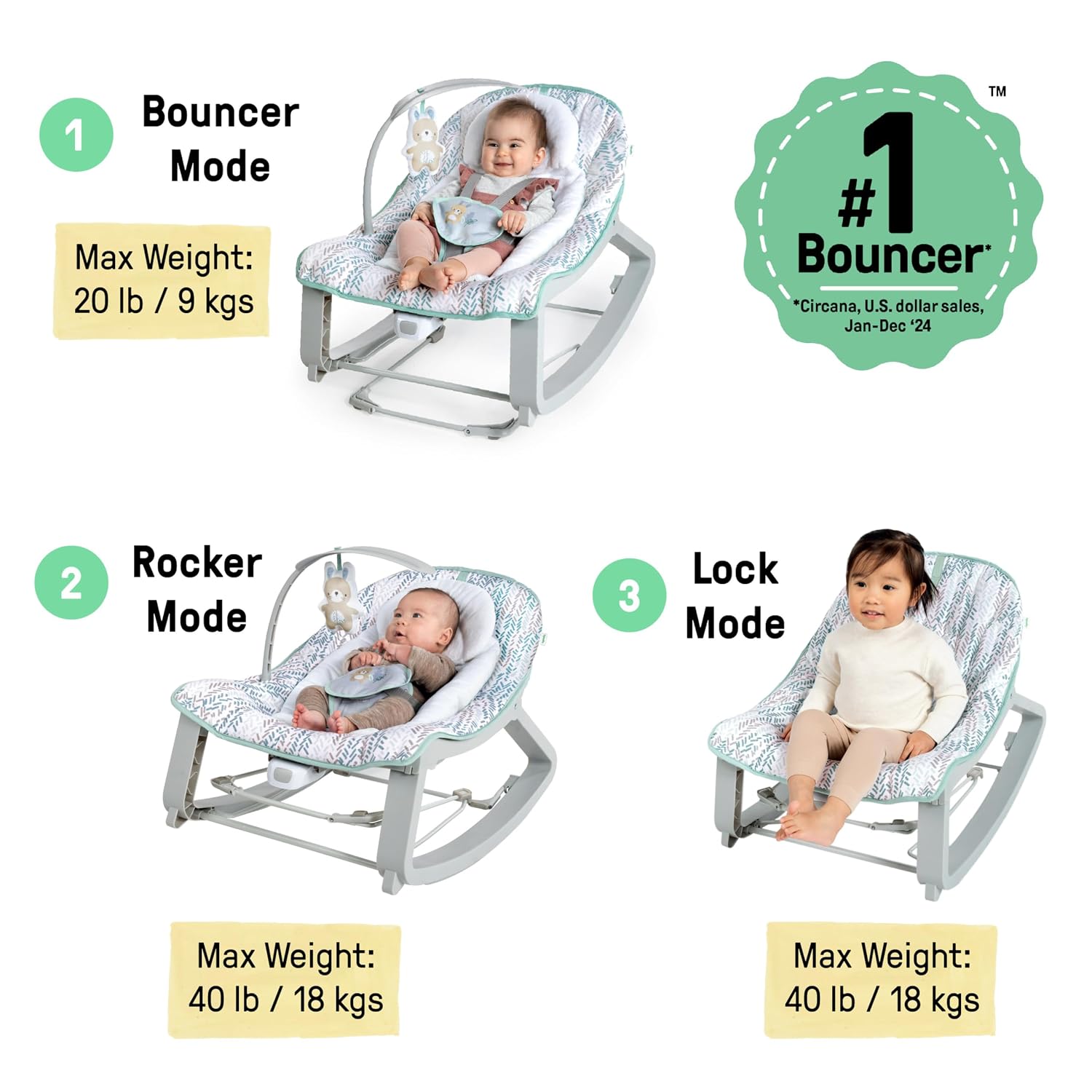 Keep Cozy 3-in-1 Grow with Me Vibrating Baby Bouncer Seat & Infant to Toddler Rocker, Vibrations & -Toy Bar, 0-30