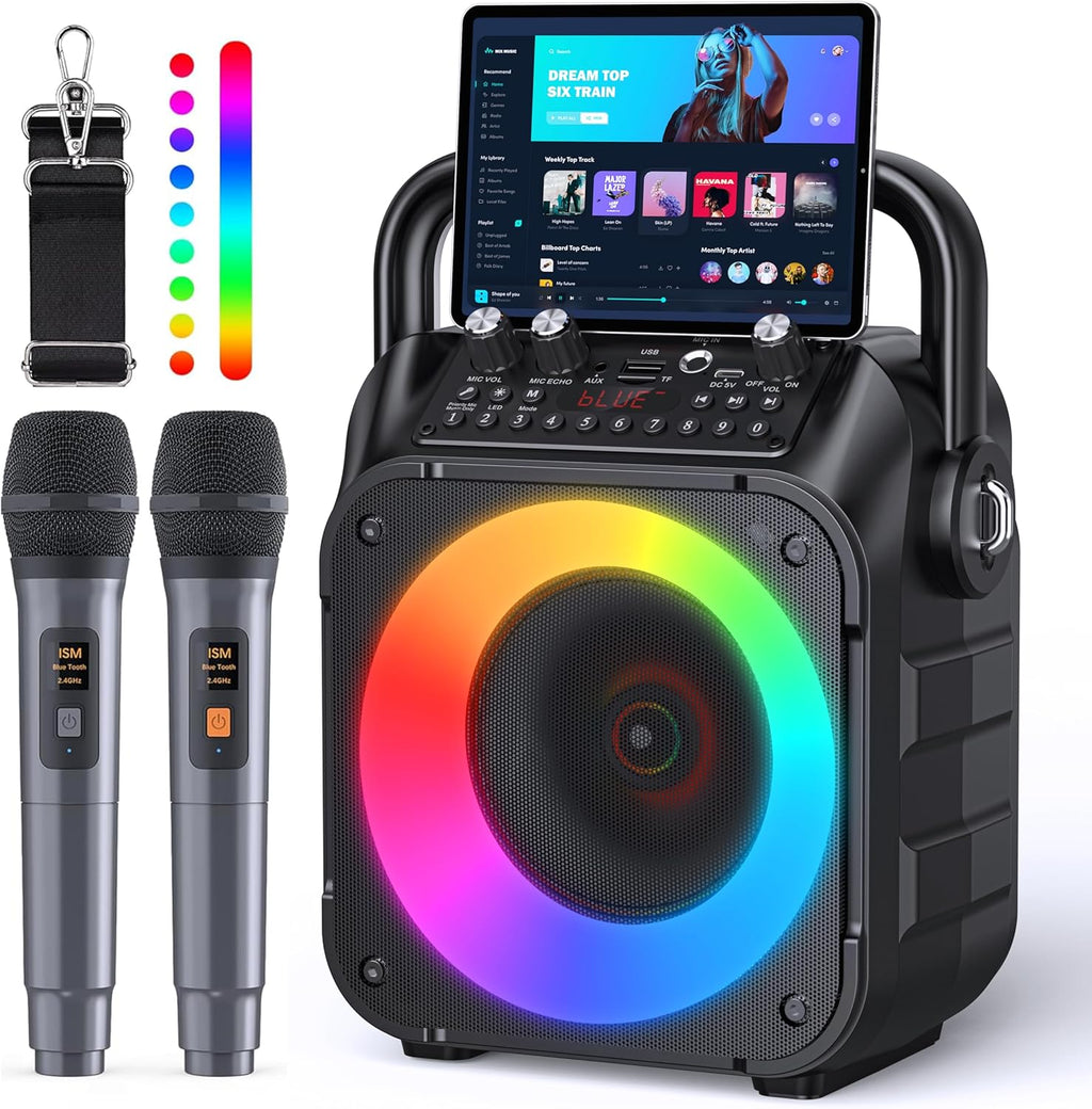 Karaoke Machine, Portable Bluetooth Speaker with 2 Wireless Microphones | Immersive Sound, 5 Light Modes, PA System