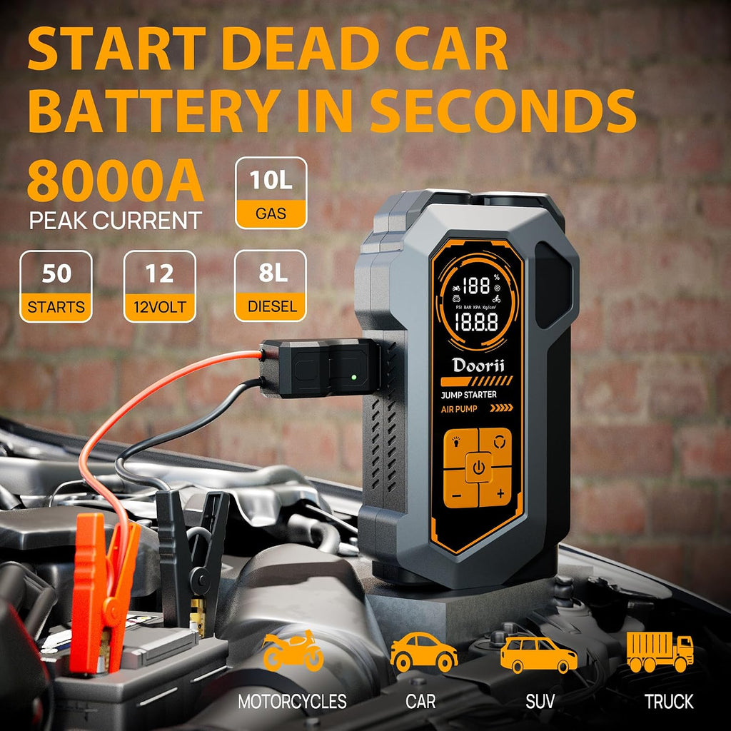 8000A Jump Starter with Air Compressor, Car Jumper Starter Portable, 150PSI Tire Inflator/Air Pump, LED Flashlight