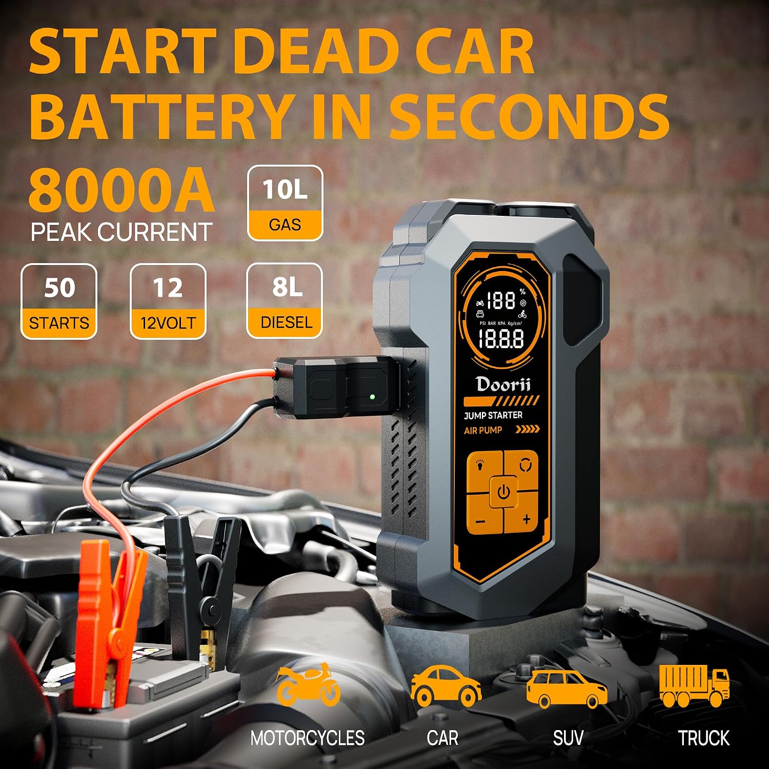 8000A Jump Starter with Air Compressor, Car Jumper Starter Portable, 150PSI Tire Inflator/Air Pump, LED Flashlight