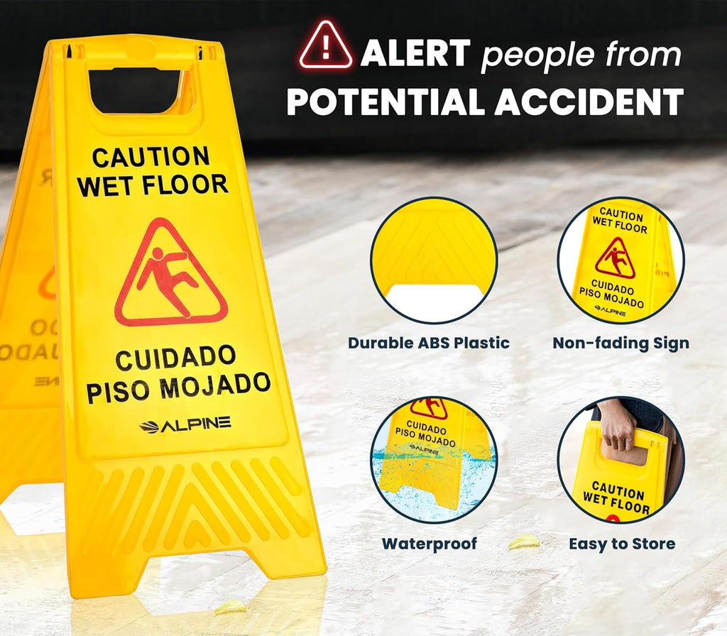 Caution Wet Floor Signs 5 Pack - 24 Inch, High Visibility Yellow Slippery When Wet Sign - Bilingual Safety Warning