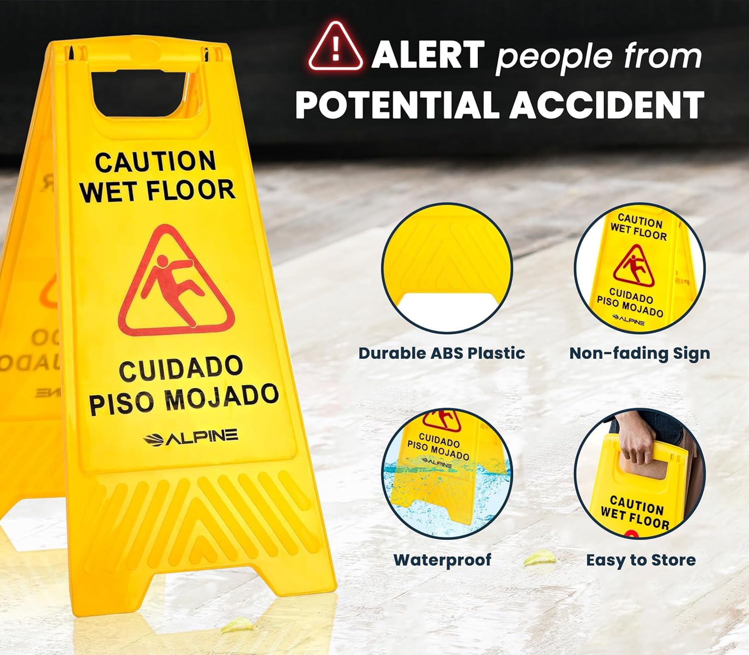 Wet Floor Sign 6 Pack - 24 Inch, High Visibility Yellow Caution Slippery When Wet Sign - Bilingual Safety Warning to