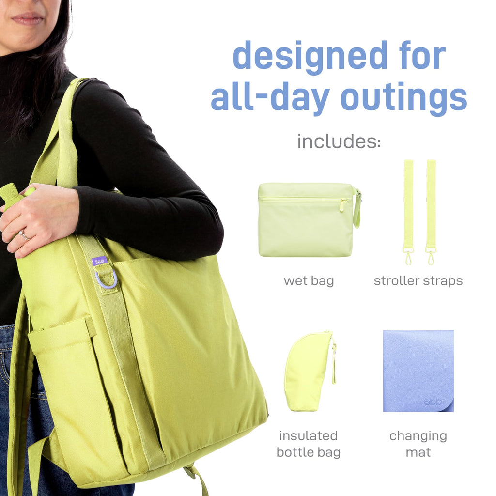 Fleuri All-Day Diaper Bag Backpack, Easy-Clean, Honeydew