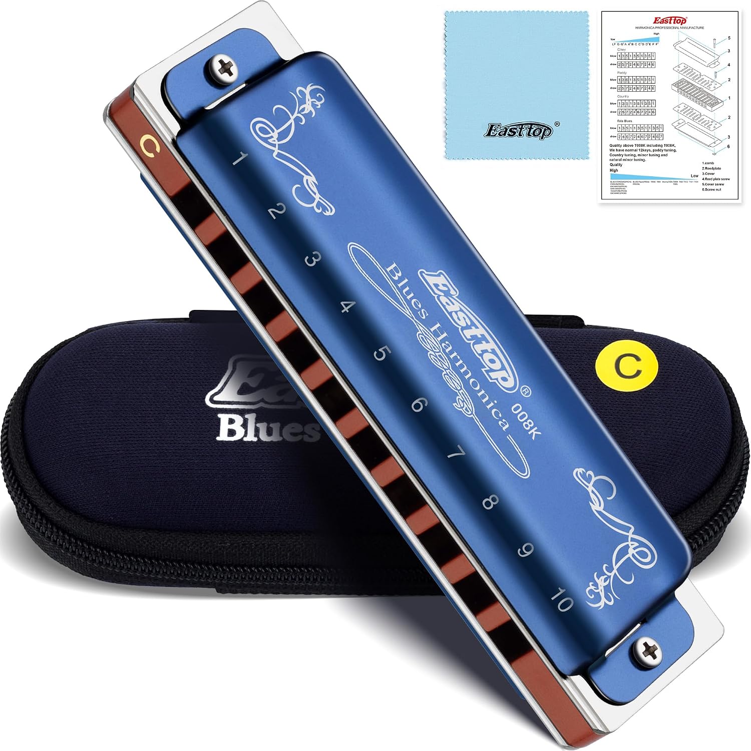 Harmonica Key of C, 10 Holes 008K Diatonic Mouth Organ with Blue Case, Standard Harmonica For Adults, Professionals